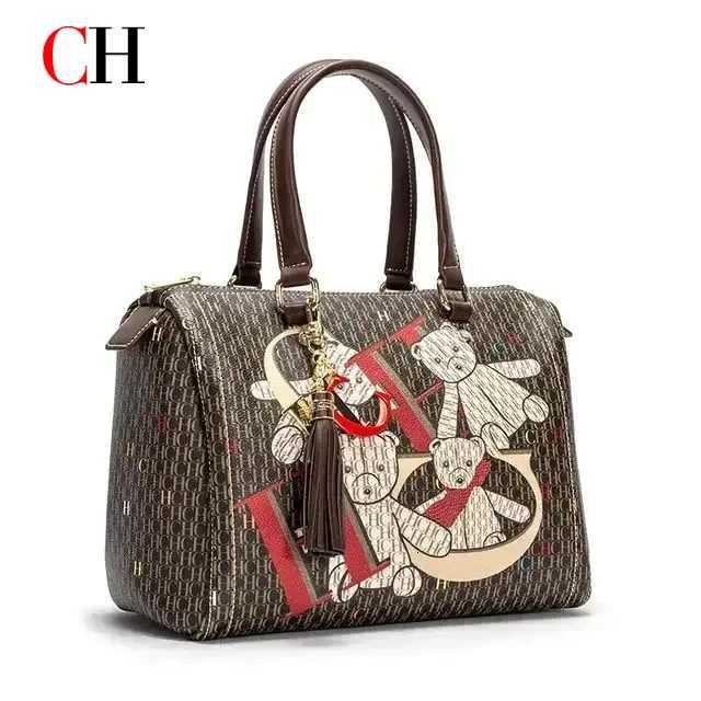 Evening Bags Totes CH Women Handbag Bear Pattern Boston Bag Vintage Top Handle Crossbody Purse Cute Women Daily Accessories H261016