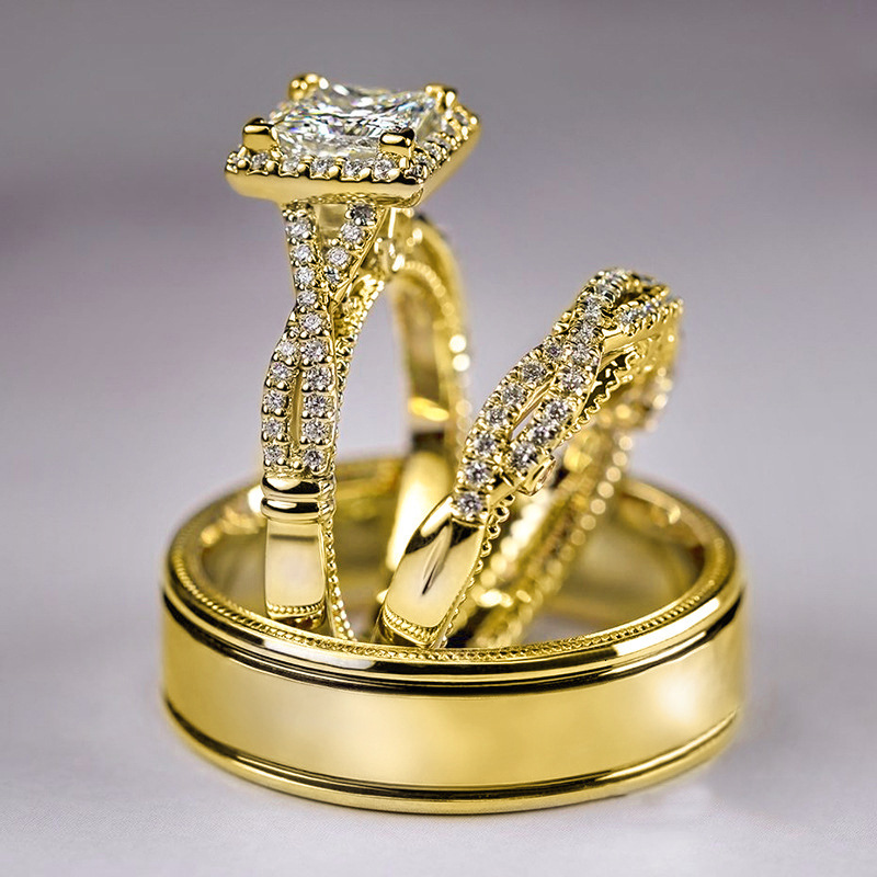 Cross-Border Best-Selling Three-Piece Set, Rose Gold Two-Tone Sparkling Zircon Ring, European And American Women's Luxury Engagement Ring