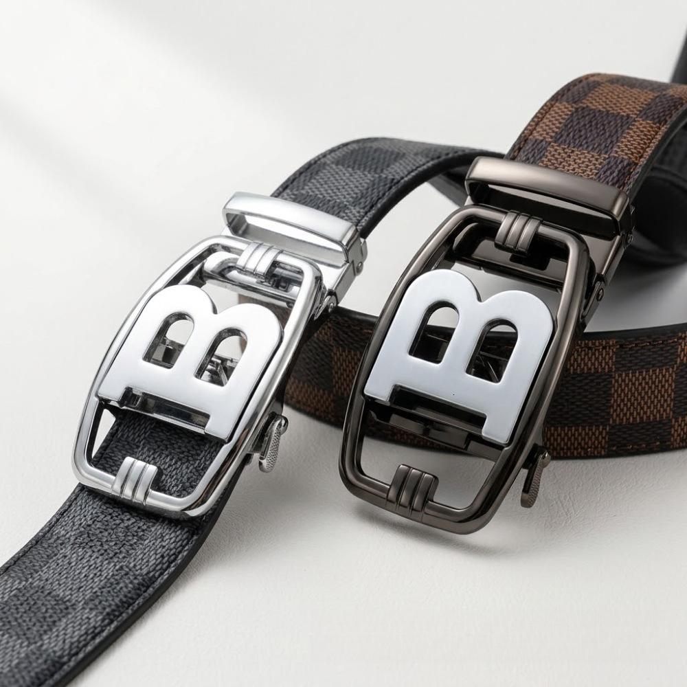 Designer Mens Classic Plaid Faux Leather Belt Automatic Metal Buckle Adjustable Waist Belt For Business Pants Jeans Daily Outfit Fashion Accessory G
