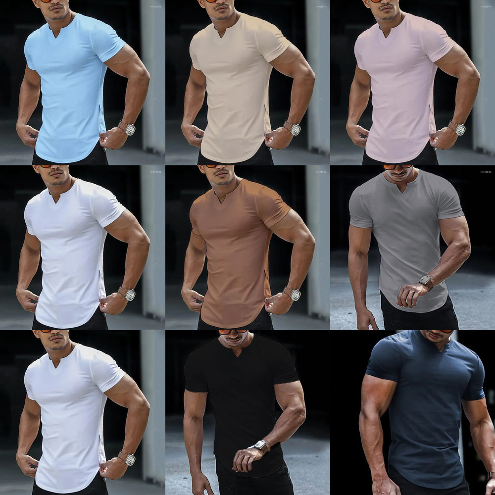 2026 CNLONGBIDA Men's T Shirts Casual Slim Fit Sports Shirt Mens Summer Short Sleeve V Neck Skinny Stretch Tees Leisure Men Clothes Streetwear