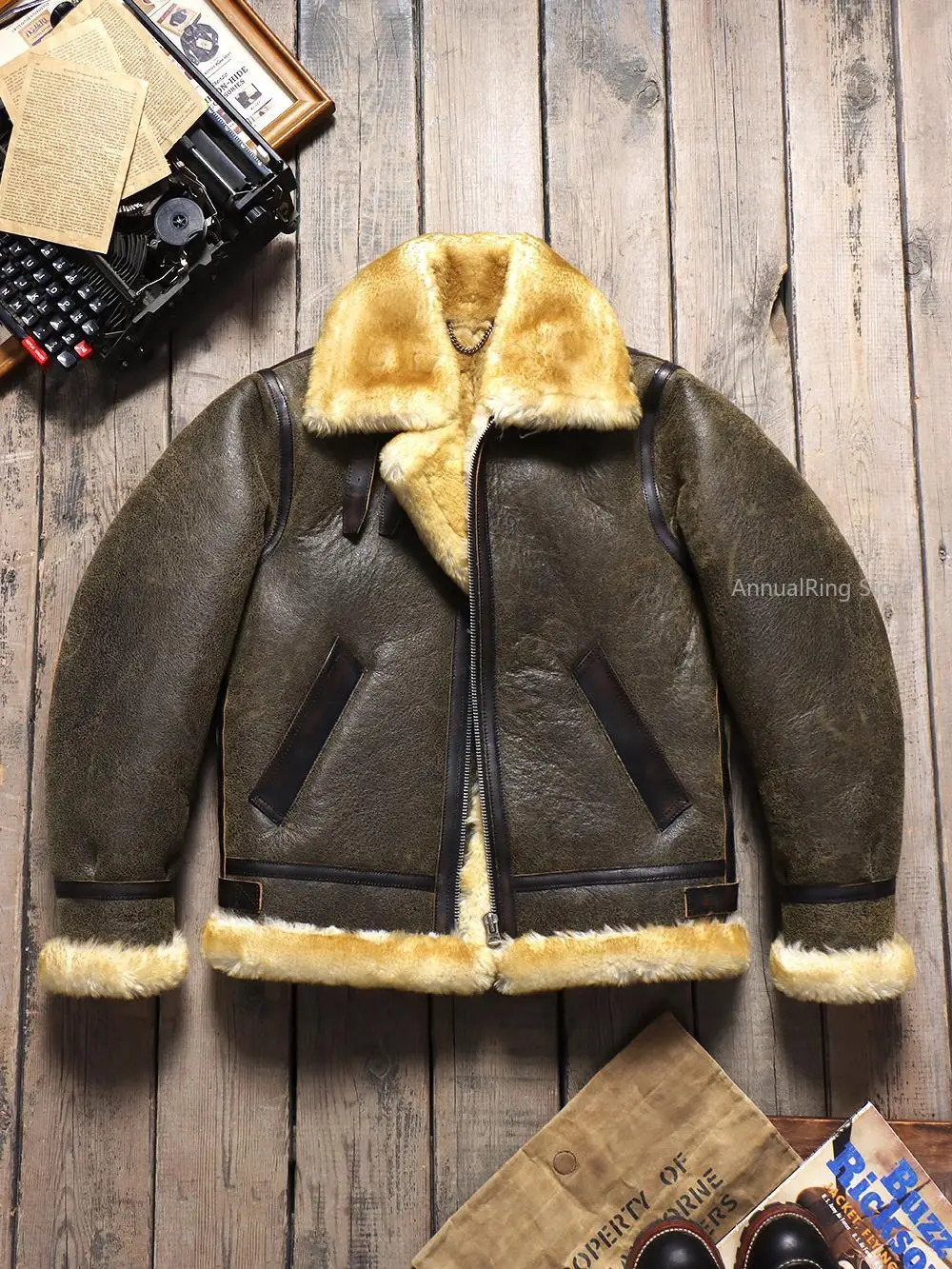 Original Merino Shearling Classic B3 Pilot Jacket Men's Warm Vintage Genuine Leather Fur Jacket 261013