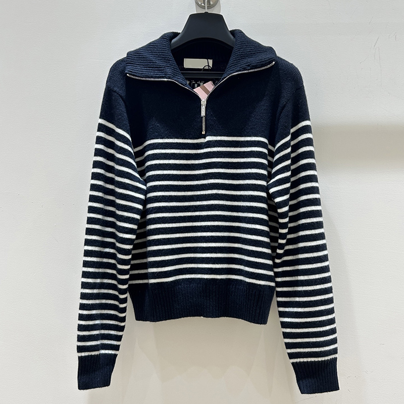 Chic Striped Knit Sweater Women Letter Half Zip Knit Pullover Preppy Minimalist Loose Jumper for Women