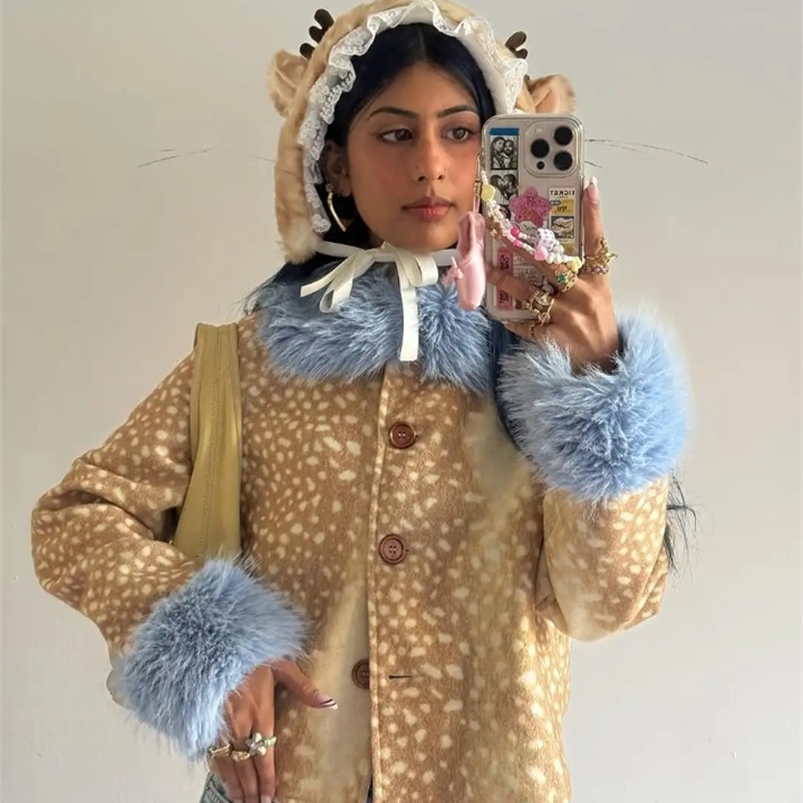 Bambis Spots Fluffy Fleece Blue Fur Collar Cuff Short Jackets Elegant Long Sleeve Coats Lady Autumn Daily Street Chic Outerwear 261016