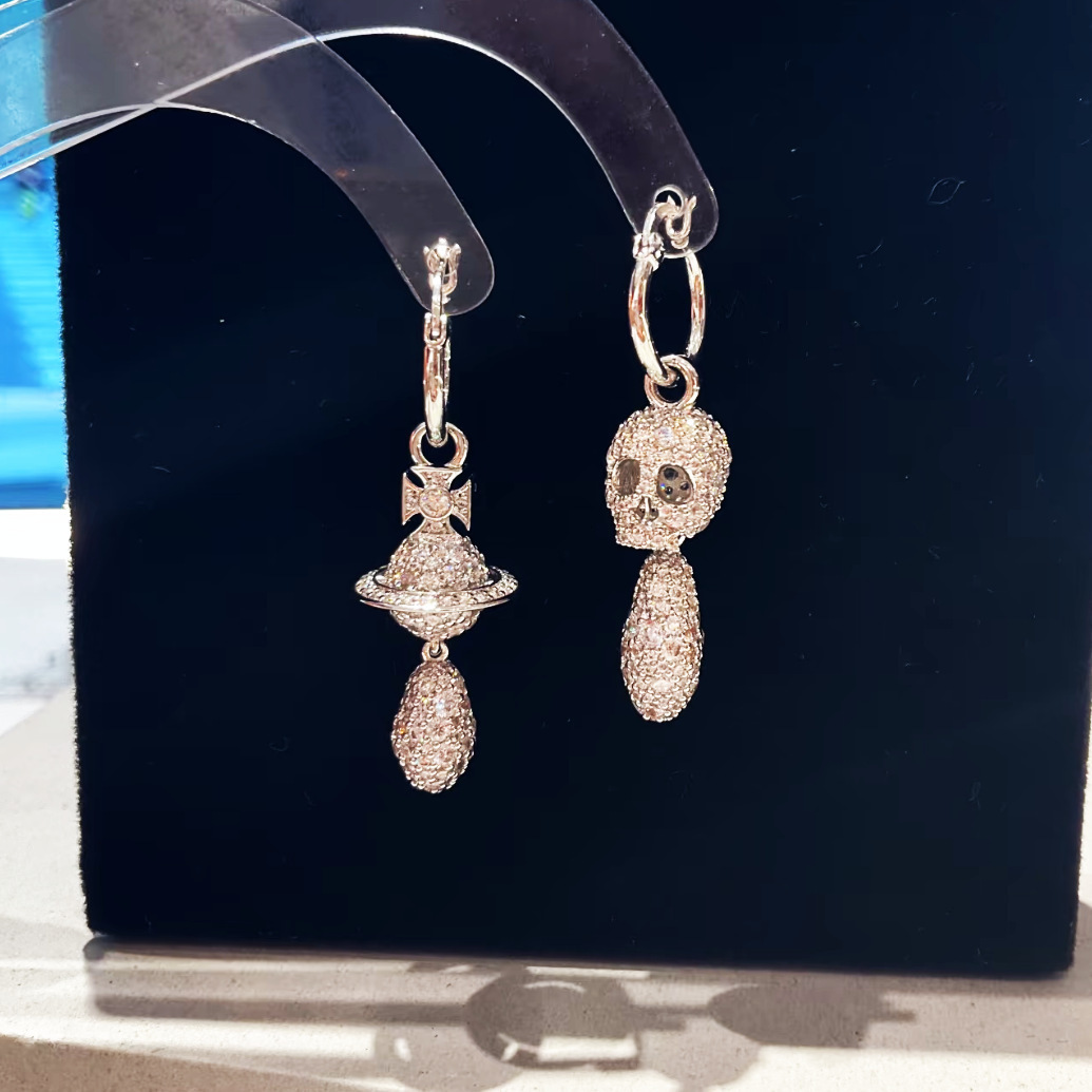 earrings Xijia High-Quality New Skull Full Diamond Hollow Saturn Earrings, Stylish and Trendy Punk Design