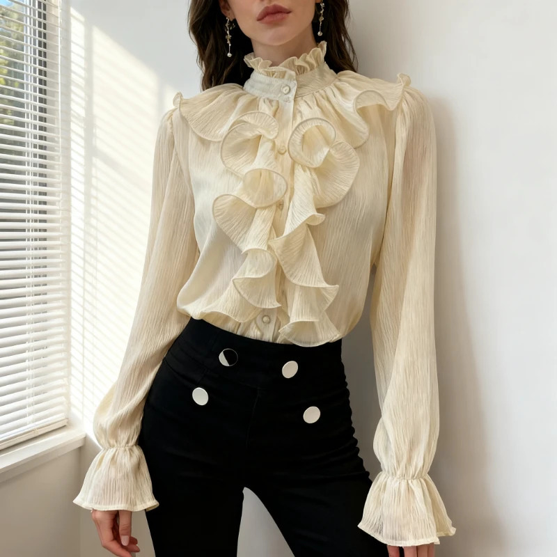 High Quality Vintage Ruffles Clothes Lace Blouse Women Spring Collar White Chiffon Shirt Long Puff Sleeve Loose Tops Elegant 261015