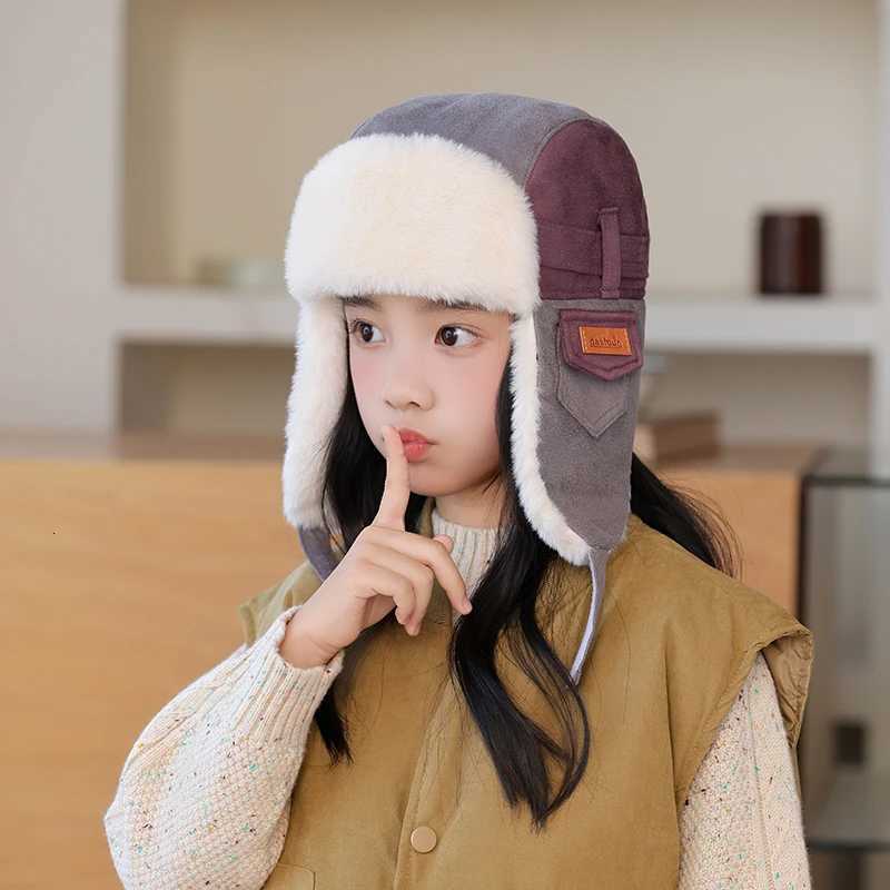 Trapper Hats Boys Girls Winter Thick Warm Bomber Hats Suede Wool Kids Bomber Caps Ear Face Warm Color Matching Winter HatsT261017