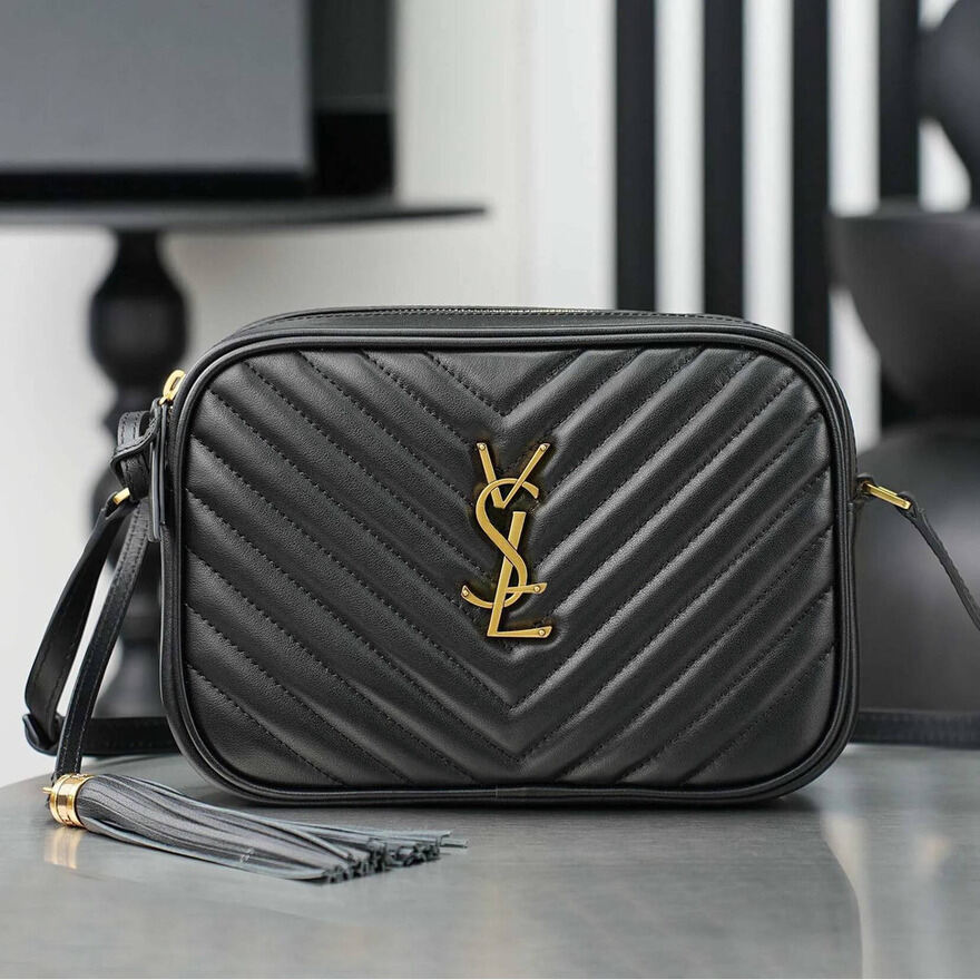 Luxury Fashion Designer Camera Women Black Leather With Gold Letter Purse Tassel Chevron Shoulder Purse For Daily Travel Envelope Crossbody Bag Shou