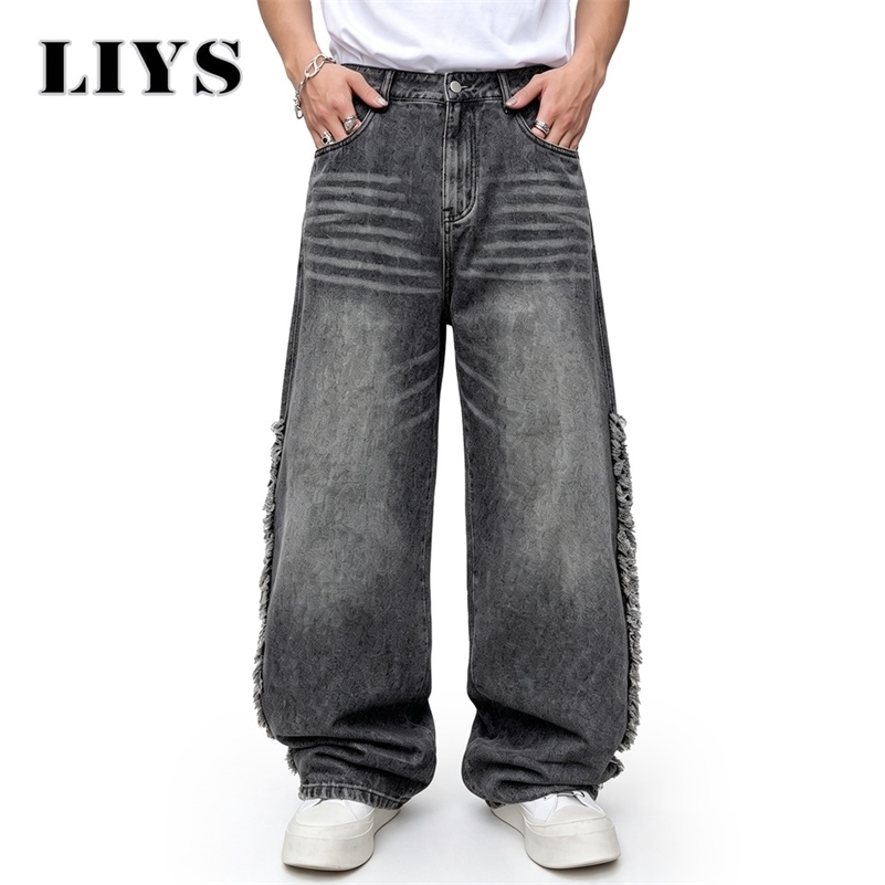 LIYS Men's Black Fringe Tassel Baggy Wide Leg Jeans Unisex Grunge Punk Distressed Denim Pants Street Rock Gothic Clothing 261016