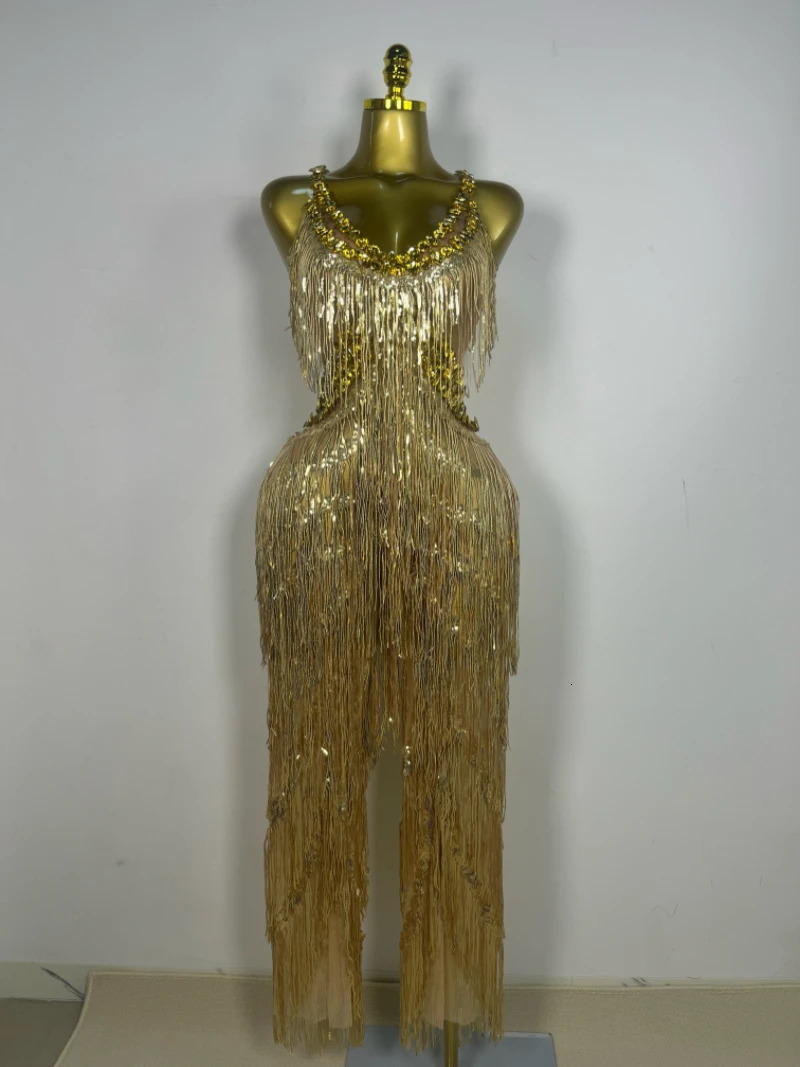 Shiny Gold Rhinestones Sequined Fringe Wide-leg jumpsuit Singer Stage Perform Costume Women Sexy Night Party Club Outfit 261015