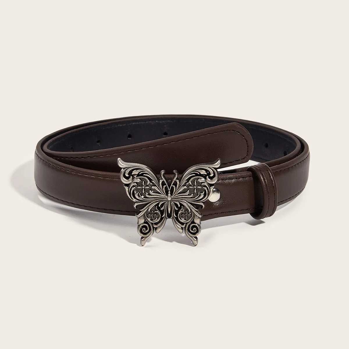 2.3x103cm Black Coffee PU Leather Belt with Butterfly Buckle Waistband Fashion Thin Belt for Women Girl Pants Skirts Jeans Decor S261017138A