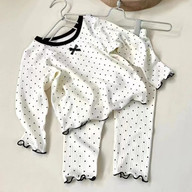 2pc Fashion Sweet Baby Set for Kids Girl Black Dot Style Bow Pajama Sets Spring Autumn Winter Soft Cotton Housewear Clothes 261015
