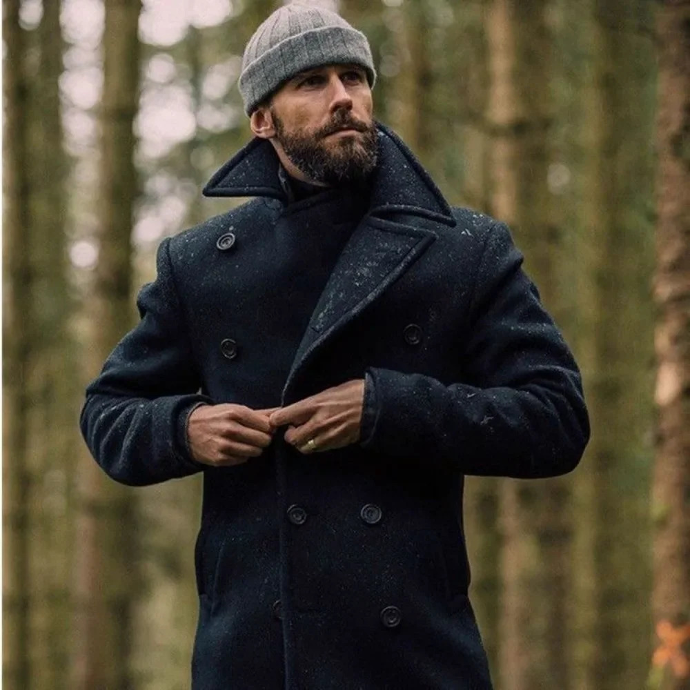 Mens Peacoat Long-sleeved Tweed Coat Autumn and Winter Fashion Solid Color Long Overcoats Large Size Male Jackets 261015