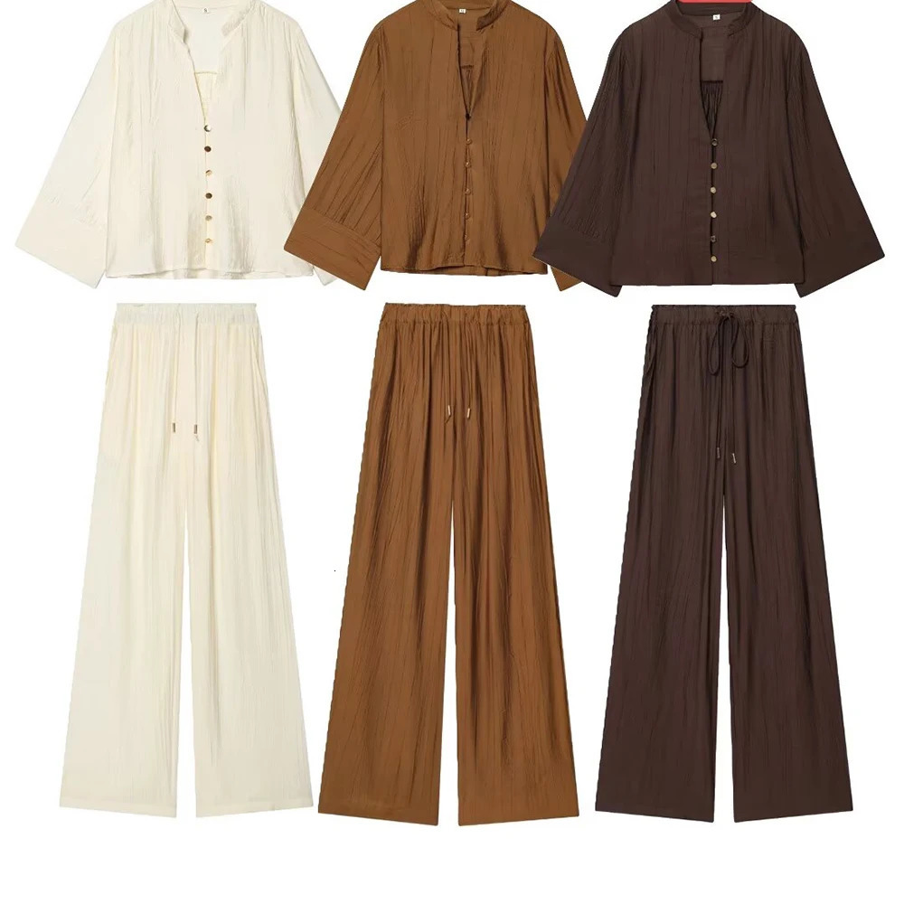 Autumn women's loose and simple V-neck long sleeved shirt with elastic waist and wide leg pants set 261015