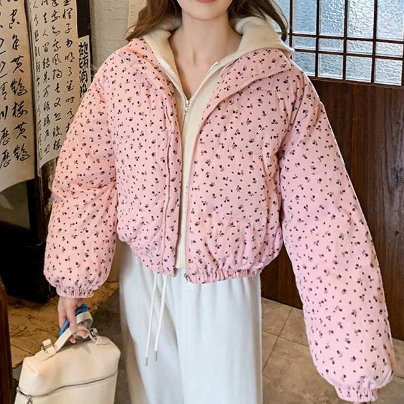 Women's Down Parkas Women Parkas Jackets Casual Coats Floral Print Hooded Drawstring Zipper Long Sleeve Thick Slight Strech Street Wear 2025 Wi