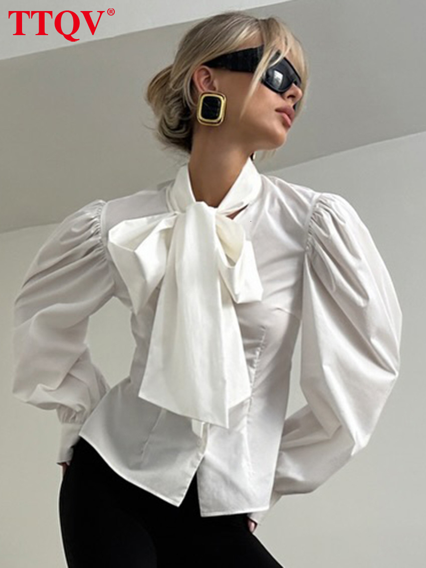 2026 Fashion Slim White Women's Shirt 2027 Autumn Bow Collar Long Sleeve Blouse Elegant Classic Solid Top Female Clothing