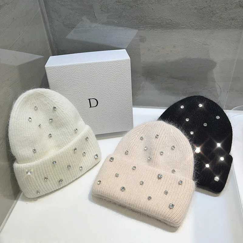 Beanie/Skull Caps New Luxury Rhinestone Beads Knitted Hat Korean Women Rabbit Fur Wool Skullies Cap Winter Fashion Thickened Warm Bonnet Beaanies Q2