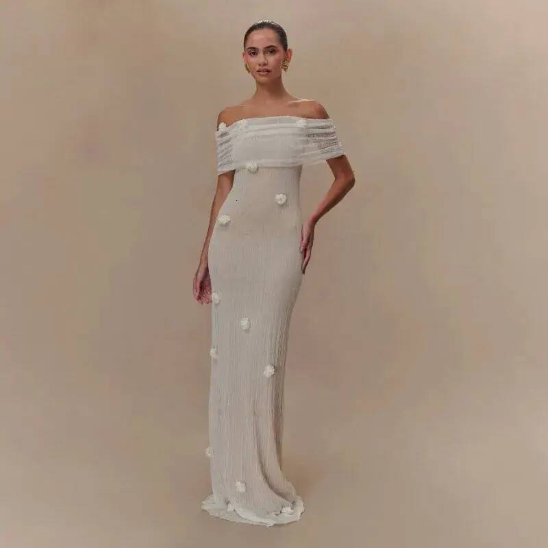 Urban Sexy Dress Flowers See Through Knitted Maxi Dress Women Elegant Sexy Off Shoulder Bodycon Evening bodycon Party Long Robe Beach Cover Ups Wome