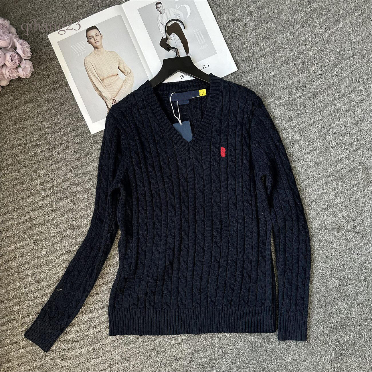 Ralfs Laure Women Designer Pony Embroidery Sweater Luxury Clothes Women V Neck Long Sleeve Solid Color Wool American Style Knitted Polo Sweater Pull