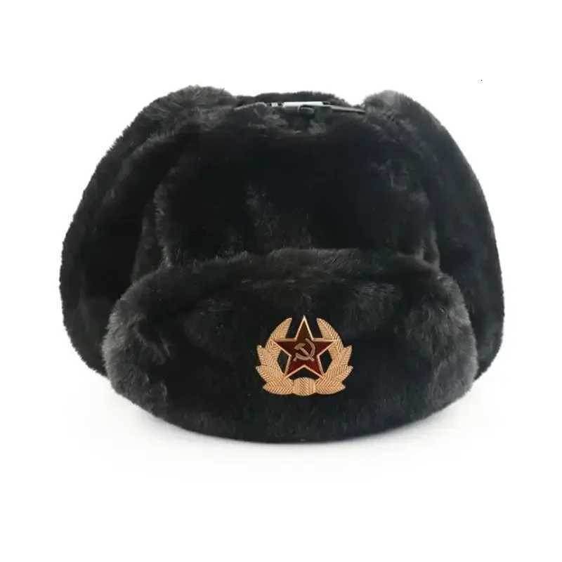 Trapper Hats Russian Ushanka Hat for Men Women - Vintage Soviet Style Winter Hat with Badge Faux Rabbit Fur Bomber with EarflapsT261017