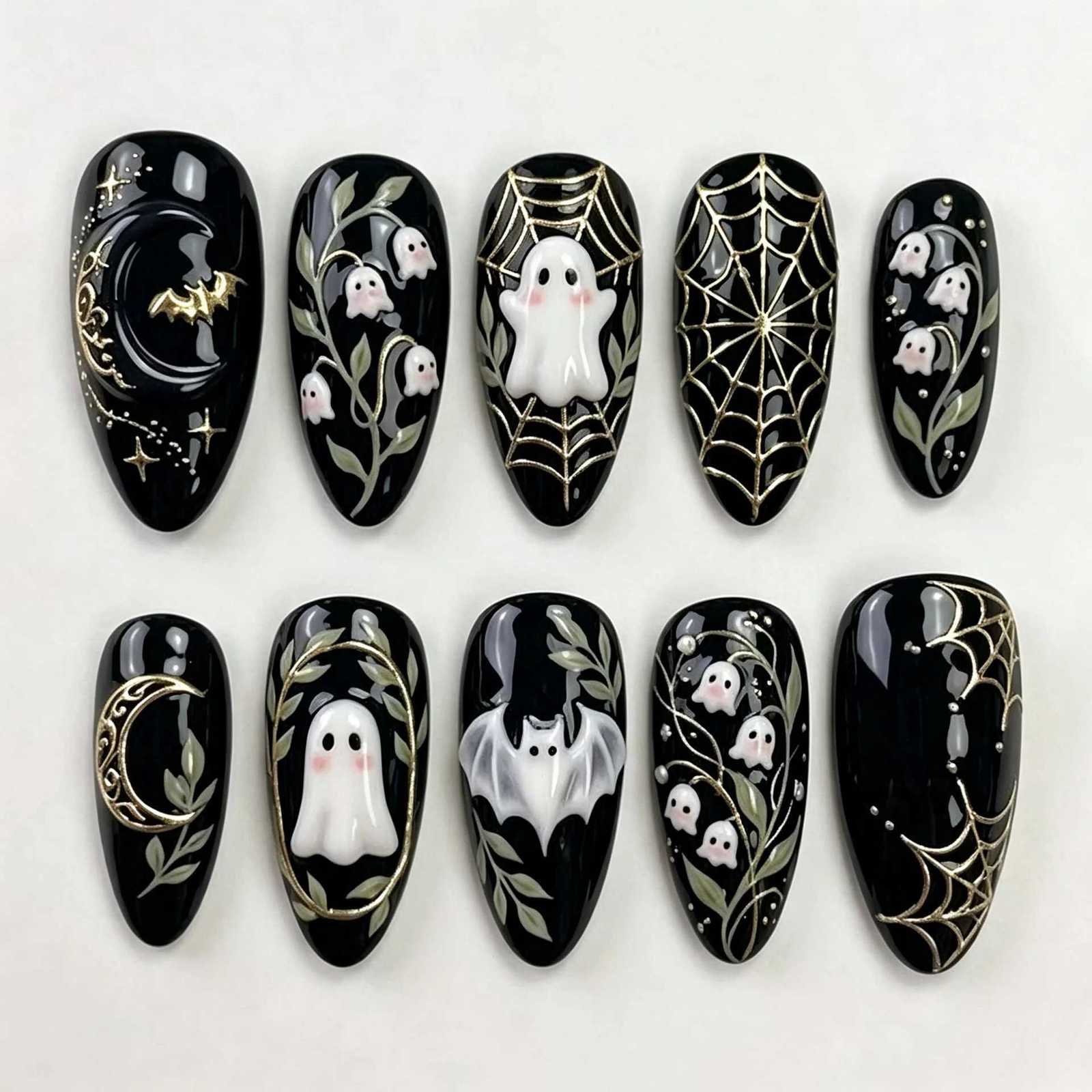 False Nails 24Pcs Halloween Dark Almond Nails Press on 3D Ghost Design Wearable False Nails with Gilded Bat Spider Web Full Cover Fake Nail Q261017