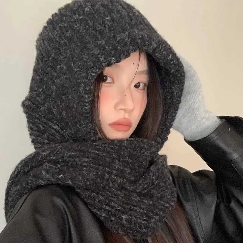 Beanie/Skull Caps Hot-Selling Milk Tea Color Hooded Scarf Hat For Women Korean INS Style Winter Lazy Style Warm Knitted Solid Color Shawl Hat Q26101