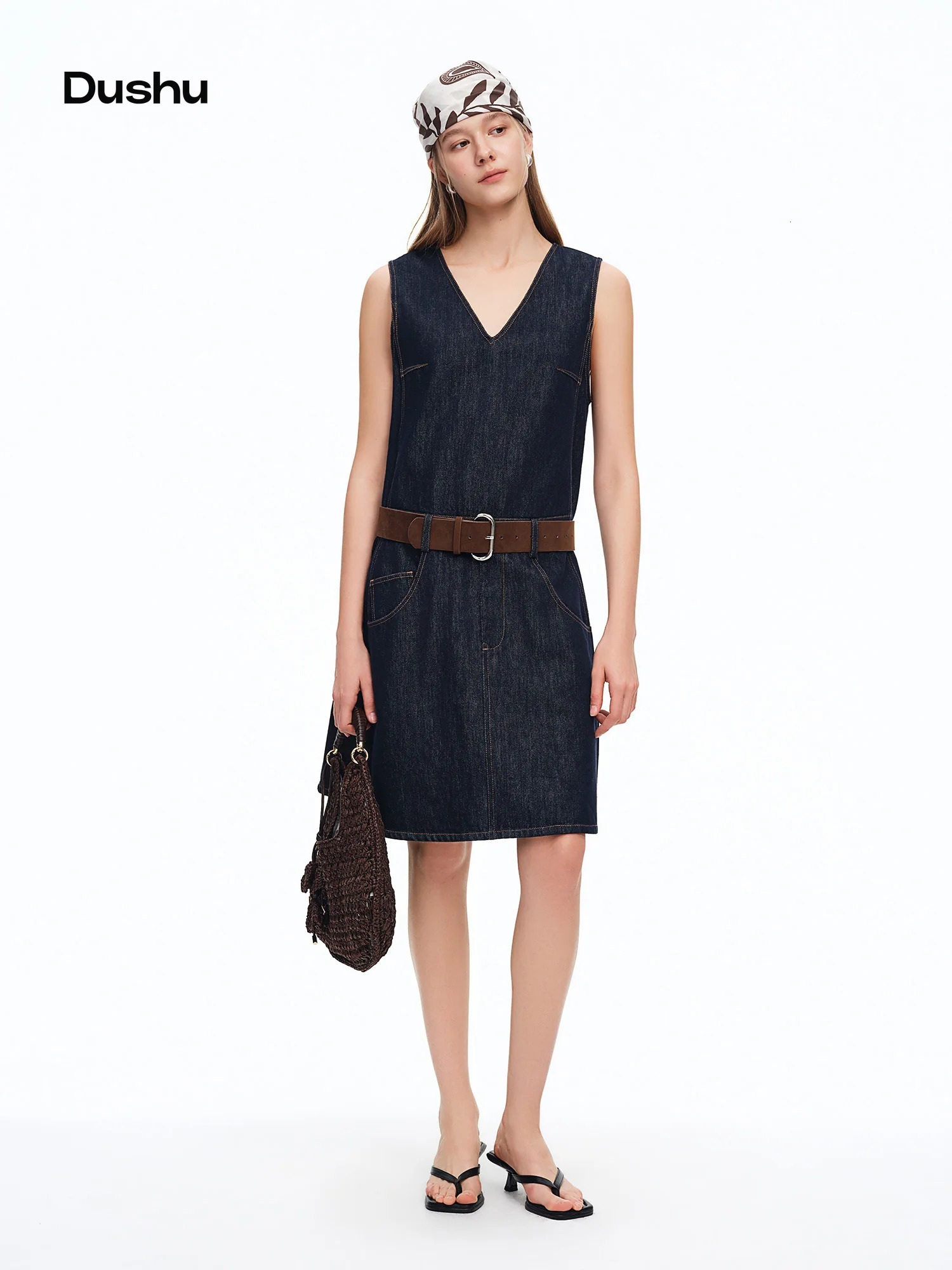 DUSHU Women's Denim Vest Dress with Visible VNeck Seams Stylish Summer 2026 Arrival Perfect for Casual Fashionable Outfits 261015