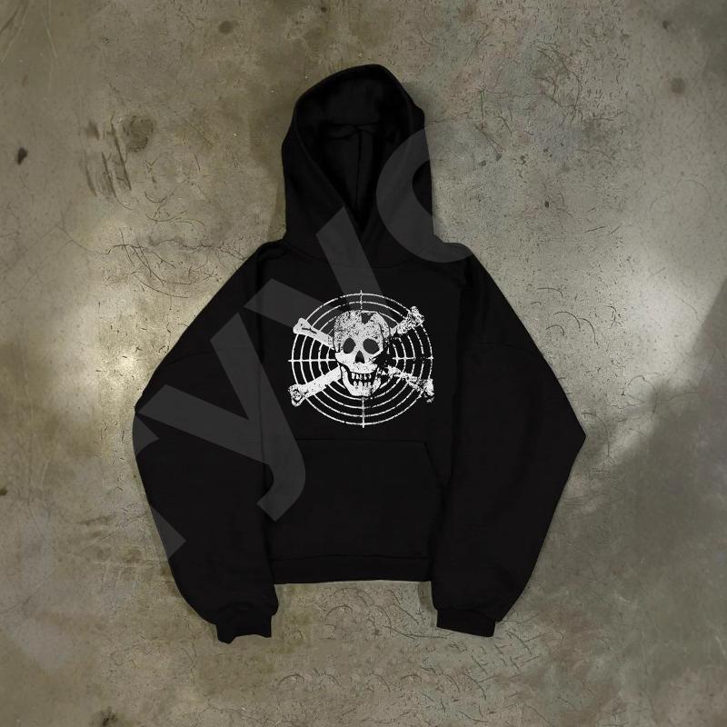 Sweat à capuche pour femme - Vintage - Imprimé graphique tête de mort - Épaules tombantes - Manches longues - Poche kangourou - Surdimensionné -