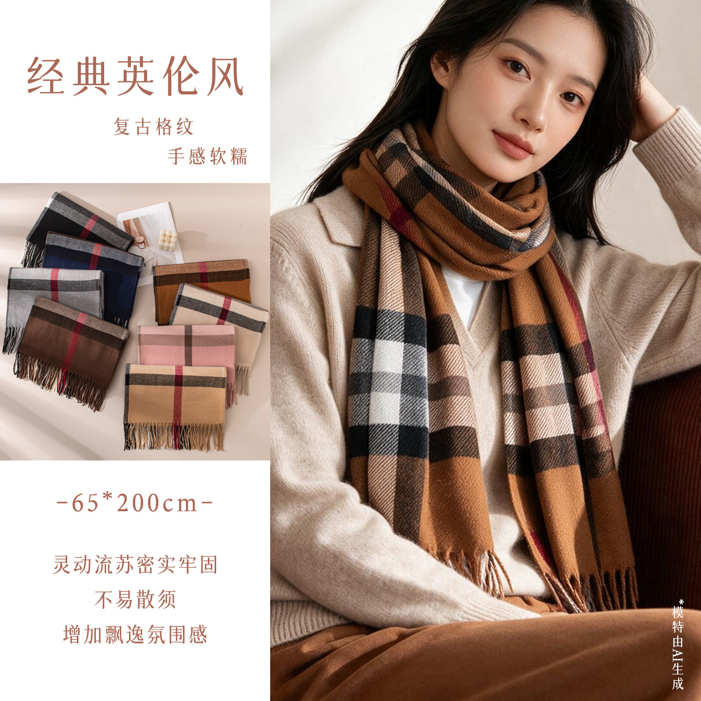 British-Style Plaid Scarf For Women, Autumn/Winter Faux Cashmere Korean Fashion Shawl, Unisex College-Style Neck Warmer, High-End Feel Laotie