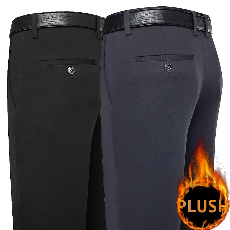 Autumn Winter Mens Fleece Pants Plush Smart Casual Suit Loose Straight Navy Blue Black Dress Thick Warm Trousers 261016