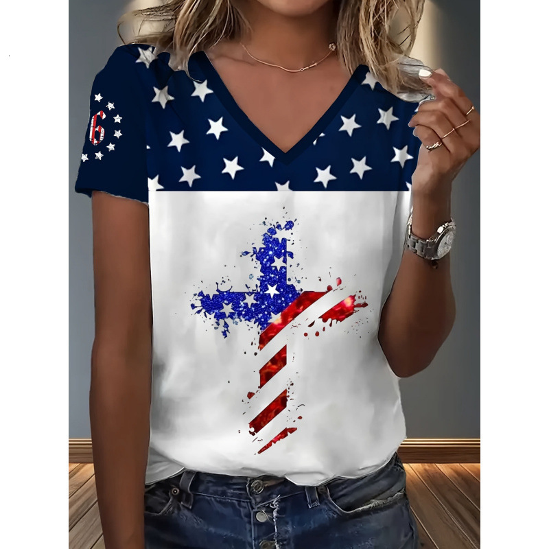 2026 New American Independence Day V-Neck Short-Sleeve T-Shirt For Women, Featuring A 3D Printed Flag Design, Loose And Casual Style Free Shipping