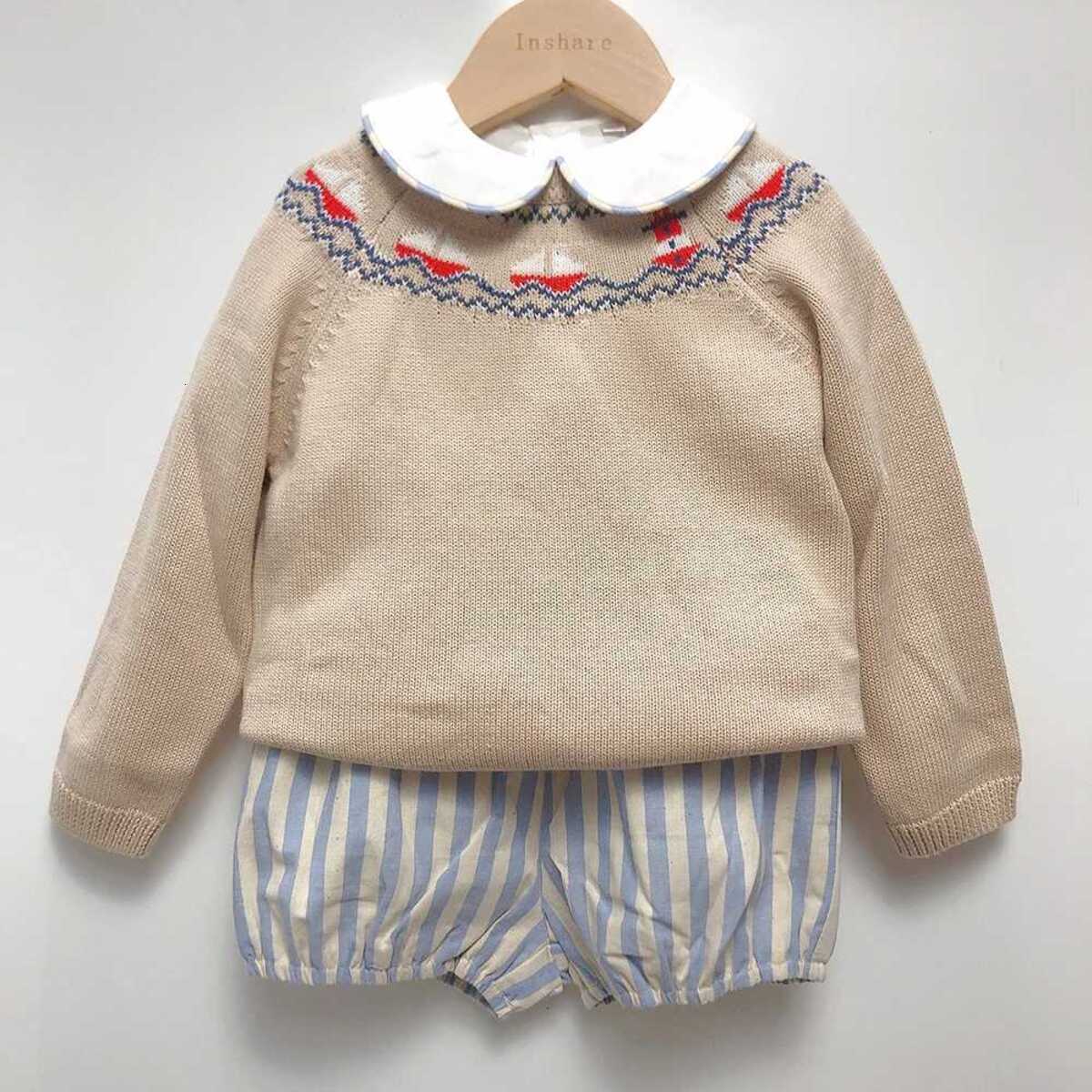 2026 New M2 Children Boutique Clothing Autumn And cologne Winter Boy Long perfume Sleeved Khaki Sailing Sweater Cotton Spanish Joker British For 18M