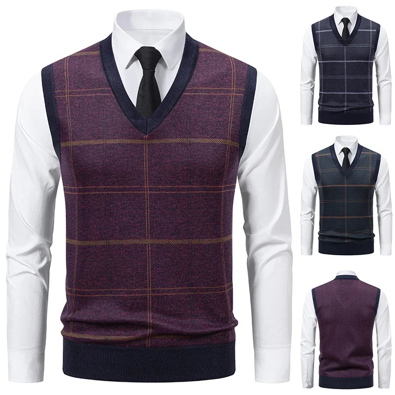 Men's V-neck Knitted Sweater Warm Autumn Winter 2026 Casual Fashion Diamond Grid Twisted Flower Versatile Top 261015