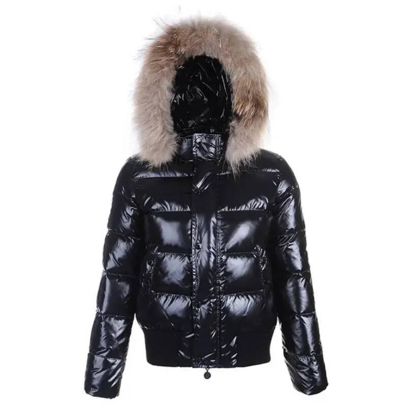 Women's Black Puffer Down Jacket Fur Hood Warm Winter Coat With Pockets