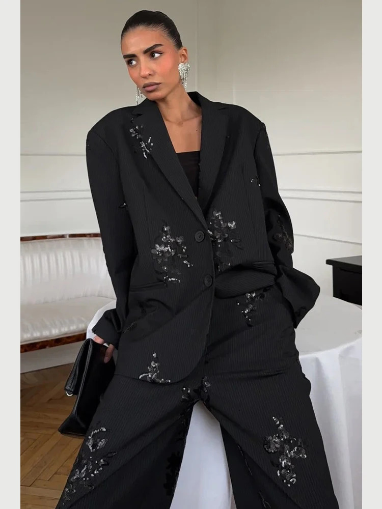 Black Sequin Embroidery Blazer 2 Piece Set Women Chic Full Sleeve Lapel V-neck Loose Wide Leg Pants Suit Lady Spring Autumn Wear 261012
