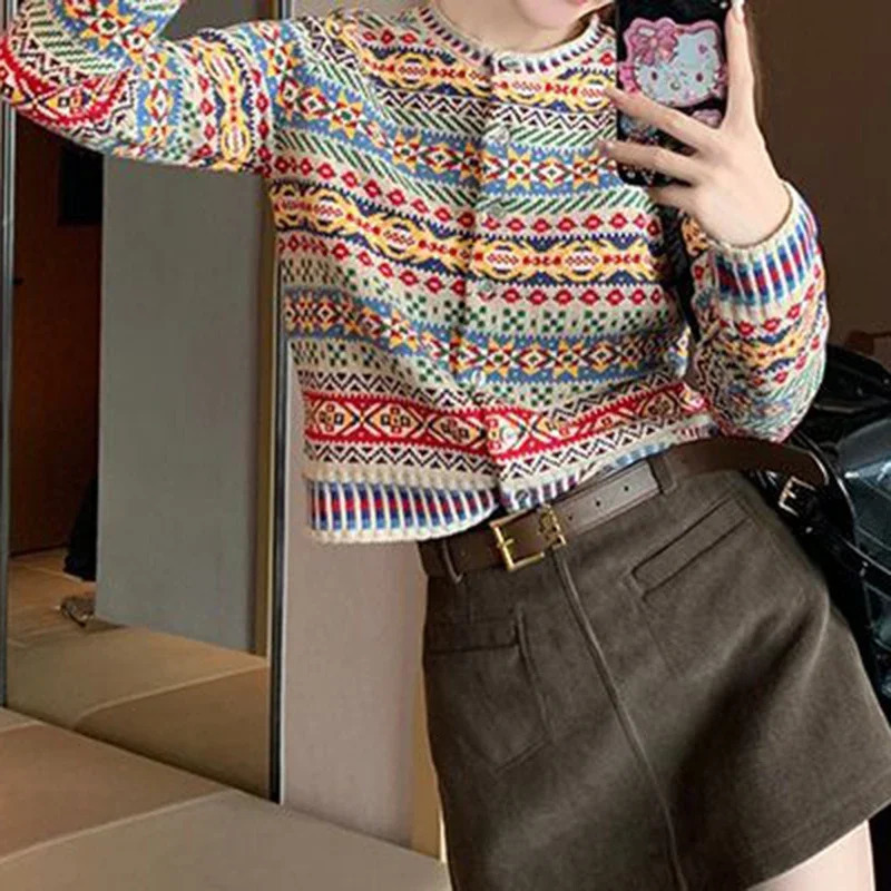 Korean ethnic style colorful floral sweater women's autumn and winter knitted cardigan paired with casual top cardigan 261015
