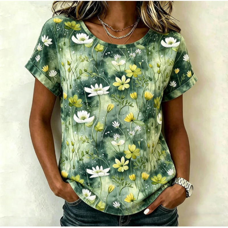 2026 TEMU Women's Short-Sleeved T-Shirt, Available On Shopee, Featuring European American Style With 3D Prints And A Round Neckline Free Shippi