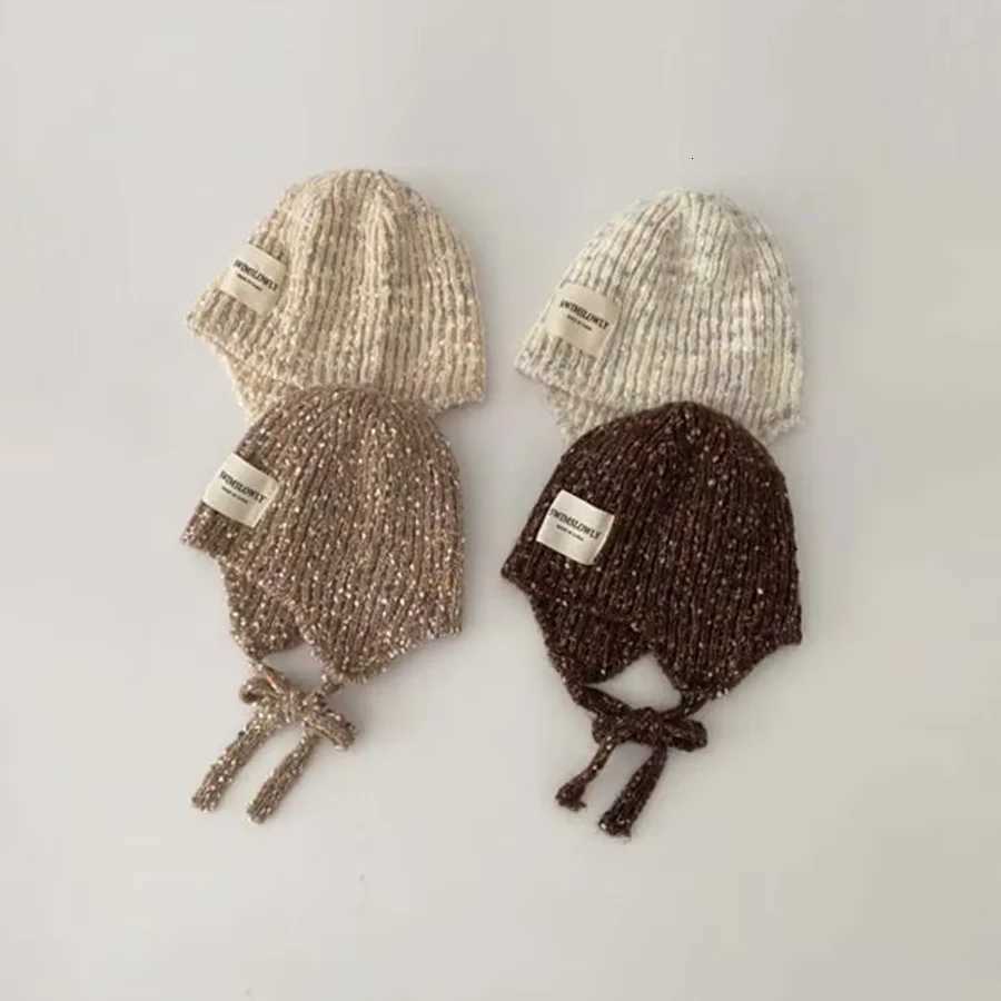 Beanie/Skull Caps Autumn Winter Warm Kids Color Clash Knitted Hat With Ties Windproof Ear Protection Sweet Santa Hat For Girls Boys Skull Hat Q26101