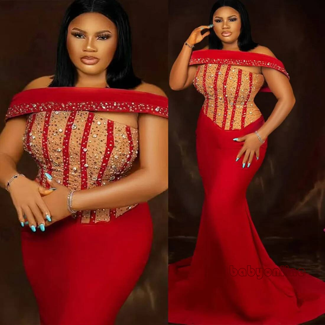 Plus Size Red Mermaid Prom Dress Evening Dresses Sexy Strapless Rhinestones Illusion Beaded Lace Crystal Birthday Second Reception Gown Am1909