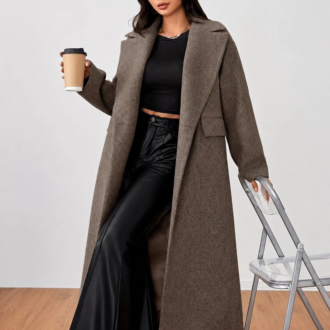 Women Lapel Collar Long Wool Blend Coat Oversized Loose Open Front Maxi Length Casual Winter Outerwear 261016