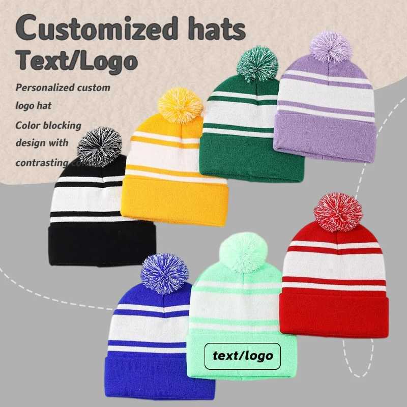 Beanie/Skull Caps Custom Embroidered Winter Contrast Striped Hairball Design Knitted Hat Warm Outdoor Versatile Ear Protection Beanie CapsT261017