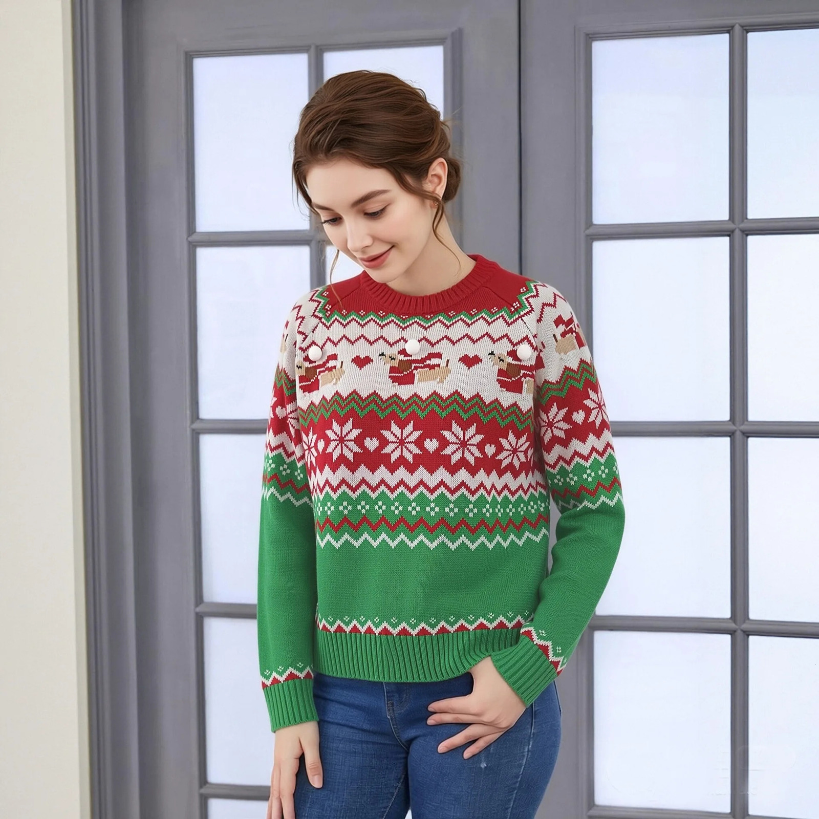 XXOWENLI Women Loose Crew Neck Christmas Knit Sweater Fashion Loose Round Neck Snowflake Jacquard Pullover Autumn Winter Top 261014