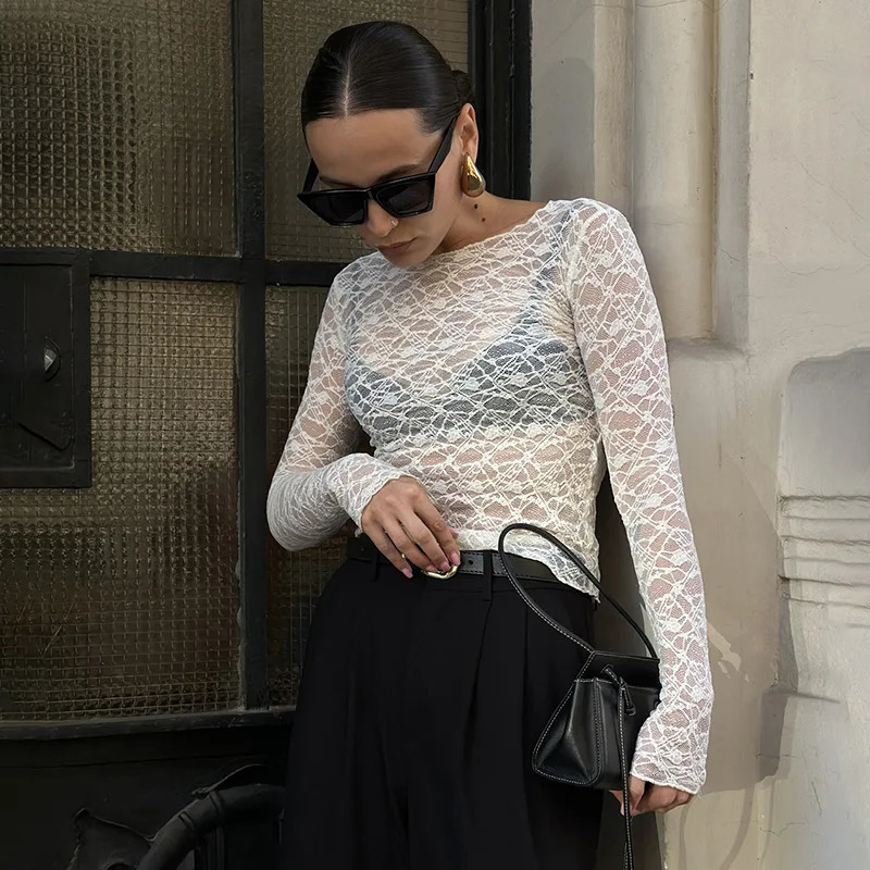 Women Lace See Through T Shirt Female Sexy Long Sleeve Slim Crop Top Sexy Sheer Bottom Top Vintage Wear Spring Yuqung 261014