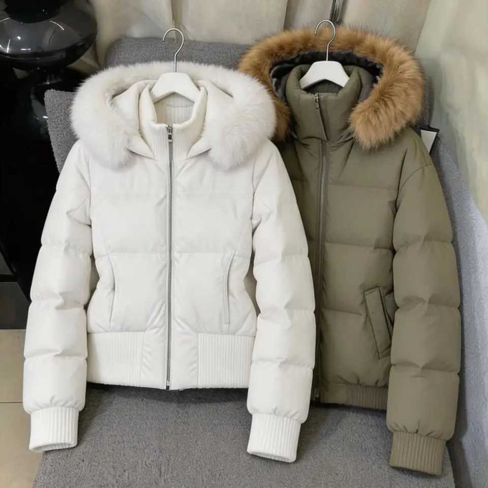 Women's Down Parkas Women Winter Warm Thick Down Parka Faux Fur Trim Hooded Coat Y2K Vintage Korean Loose Casual Street Daily Outerwear TopsT26