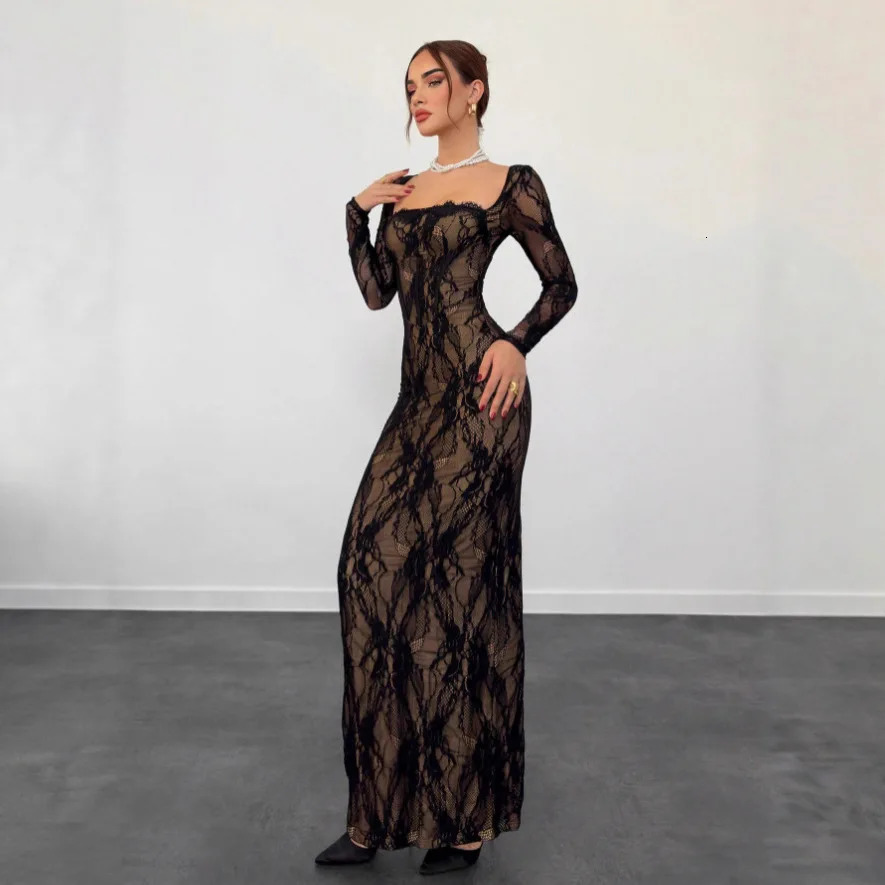 Elegant Long Lace Dress with High Waist Square Collar Patchwork Sleeves And Side Slits for Women Commute Style 261015