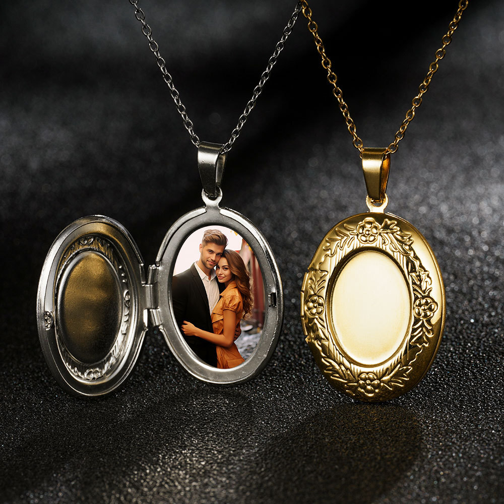 316L European and American stainless steel retro engraved heart necklace with an openable photo box pendant for women