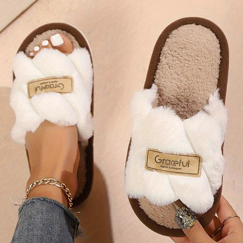 Women's Plush Fuzzy Slippers Home Fur Open-Toe Slides Autumn Winter Indoor Silent Comfort EVA Soft-Soled Bedroom Warm Flip Flops 261017