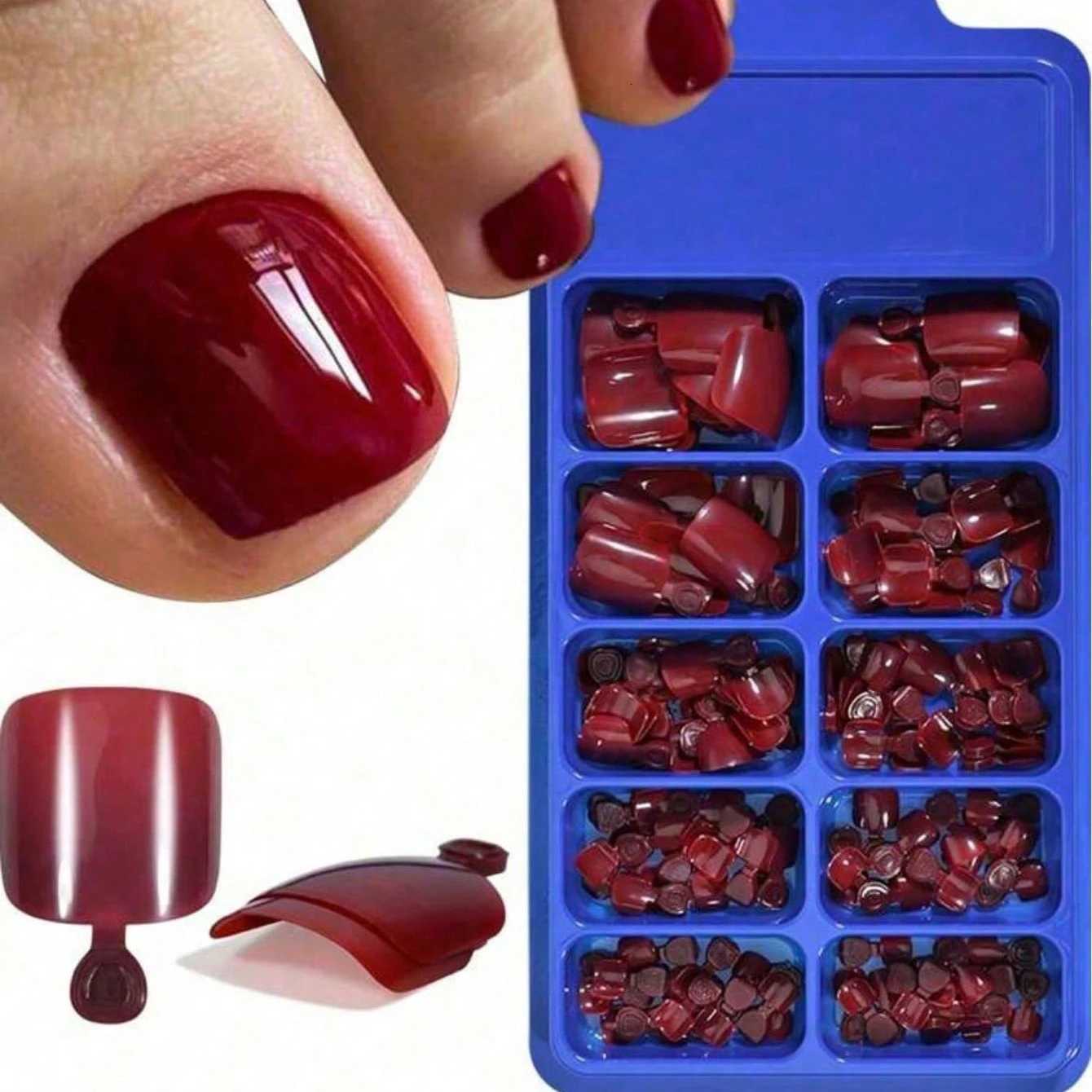 False Nails 100Pc/Set Solid Color Simple Foot Fake Nails Artificial Red Fake Acrylic Nails Press On Toenails Art Tips Gluing Manicure Tool Q261017