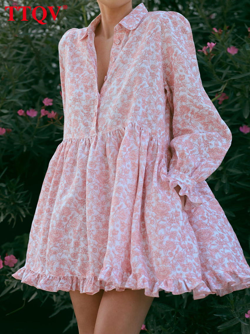 Fashion Loose Print Women's 2026 Casual Lapel Long Sleeve Mini Dresses Elegant Classic Pleated Female Dress