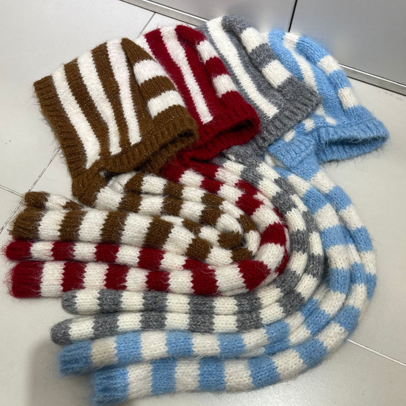 Koreanstyle striped knitted hat scarf set women perfect for autumn winter providing warmth and ear protection resembling a balaclava