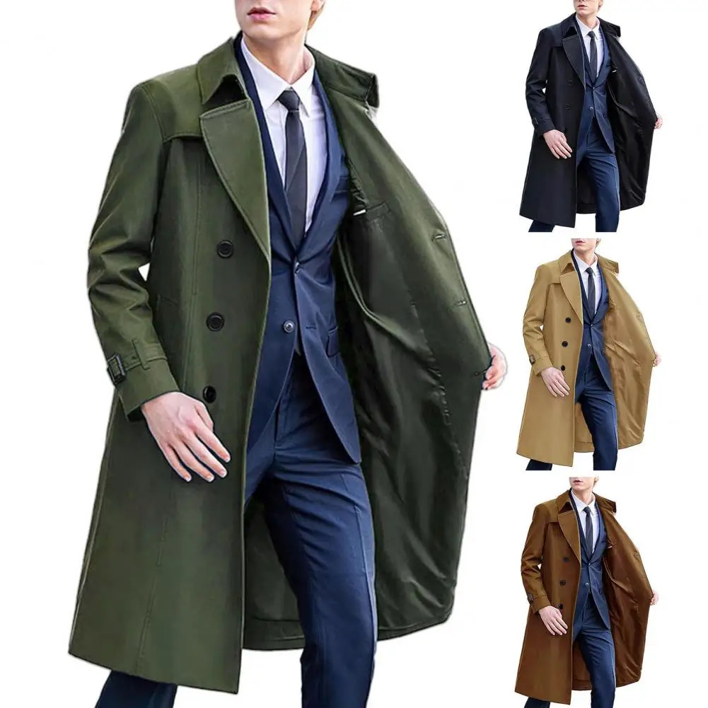 Men Casual Windbreaker Lapel Long Sleeve Double Breasted Mid-Length Coat Solid Color Warm Jacket Windproof Business Outerwear 261015
